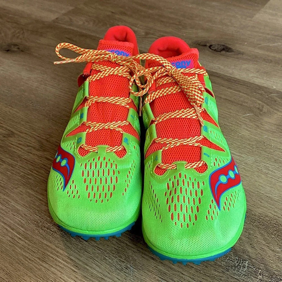 EUC Saucony Carrera XC3 Women’s Spikes in fluorescent green and orange size 11 - Picture 2 of 10